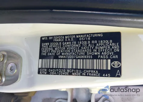 2016 Toyota Yaris L from USA, damaged, VIN VNKKTUD37GA069355